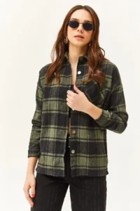 Olalook Women's Khaki Black Pocket Thick Plaid Lumberjack Shirt - Image 3