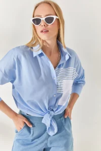Olalook Women's Baby Blue Pocket Detailed Boyfriend Woven Shirt - Image 3