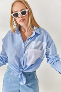 Olalook Women's Baby Blue Pocket Detailed Boyfriend Woven Shirt - Image 5