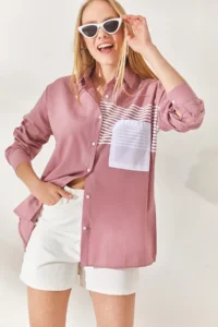 Olalook Women's Dusty Rose Pocket Detailed Boyfriend Woven Shirt