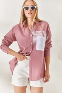 Olalook Women's Dusty Rose Pocket Detailed Boyfriend Woven Shirt - Image 2
