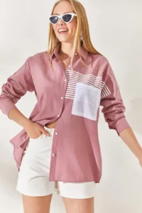 Olalook Women's Dusty Rose Pocket Detailed Boyfriend Woven Shirt - Image 4