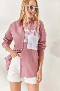 Olalook Women's Dusty Rose Pocket Detailed Boyfriend Woven Shirt - Image 5