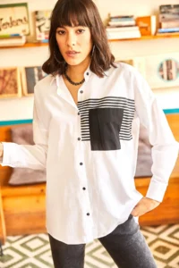 Olalook Women's White Pocket Detailed Boyfriend Woven Shirt