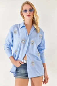 Olalook Women's Baby Blue Sequin Detailed Boyfriend Shirt - Image 2