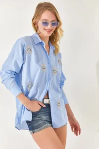 Olalook Women's Baby Blue Sequin Detailed Boyfriend Shirt - Image 3