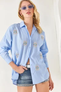 Olalook Women's Baby Blue Sequin Detailed Boyfriend Shirt - Image 4
