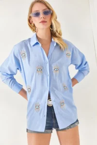 Olalook Women's Baby Blue Sequin Detailed Boyfriend Shirt - Image 5