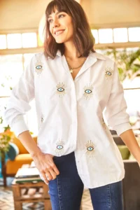 Olalook Women's White Eye Sequin Detailed Boyfriend Shirt - Image 2