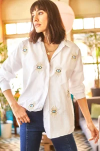 Olalook Women's White Eye Sequin Detailed Boyfriend Shirt - Image 3