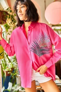 Olalook Women's Fuchsia Palm Sequin Detailed Boyfriend Woven Shirt - Image 3