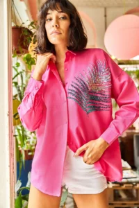 Olalook Women's Fuchsia Palm Sequin Detailed Boyfriend Woven Shirt - Image 5
