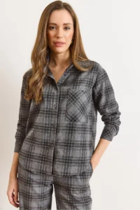 Olalook Women's Gray Pocketed Plaid Boyfriend Winter Shirt