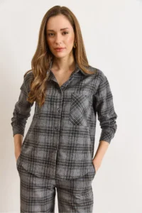 Olalook Women's Gray Pocketed Plaid Boyfriend Winter Shirt - Image 2