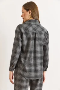Olalook Women's Gray Pocketed Plaid Boyfriend Winter Shirt - Image 3