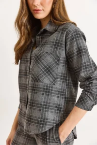 Olalook Women's Gray Pocketed Plaid Boyfriend Winter Shirt - Image 4