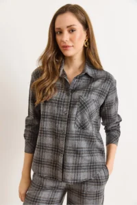 Olalook Women's Gray Pocketed Plaid Boyfriend Winter Shirt - Image 5