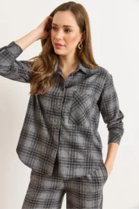 Olalook Women's Gray Pocketed Plaid Boyfriend Winter Shirt - Image 6