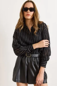 Olalook Women's Black Transparent Striped Athlete Shirt