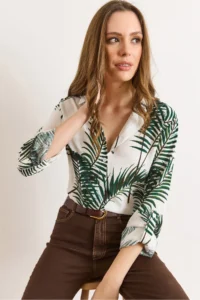 Olalook Women's Green Patterned Sleeve Folded Viscose Shirt