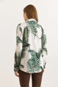 Olalook Women's Green Patterned Sleeve Folded Viscose Shirt - Image 2