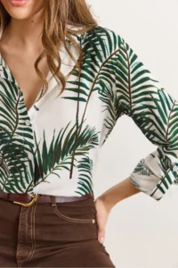 Olalook Women's Green Patterned Sleeve Folded Viscose Shirt - Image 5