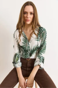 Olalook Women's Green Patterned Sleeve Folded Viscose Shirt - Image 6