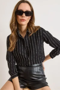 Olalook Women's Black Textured Contrast Striped Regular Fit Shirt