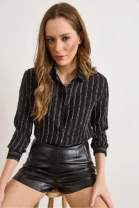 Olalook Women's Black Textured Contrast Striped Regular Fit Shirt - Image 2