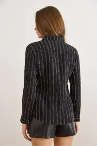 Olalook Women's Black Textured Contrast Striped Regular Fit Shirt - Image 3