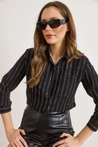 Olalook Women's Black Textured Contrast Striped Regular Fit Shirt - Image 5