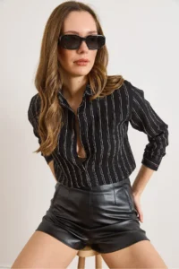 Olalook Women's Black Textured Contrast Striped Regular Fit Shirt - Image 6