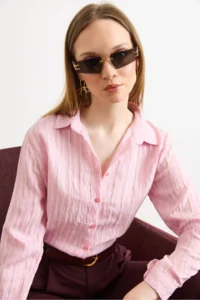 Olalook Women's Pink Textured Contrast Striped Regular Fit Shirt