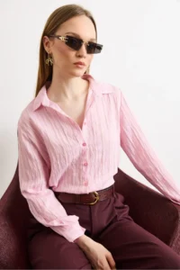 Olalook Women's Pink Textured Contrast Striped Regular Fit Shirt - Image 2
