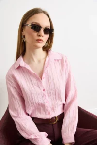 Olalook Women's Pink Textured Contrast Striped Regular Fit Shirt - Image 3