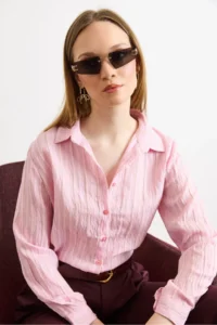 Olalook Women's Pink Textured Contrast Striped Regular Fit Shirt - Image 4