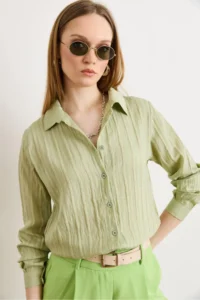 Olalook Women's Green Textured Contrast Striped Regular Fit Shirt