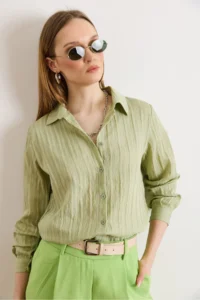 Olalook Women's Green Textured Contrast Striped Regular Fit Shirt - Image 2
