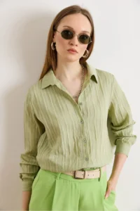 Olalook Women's Green Textured Contrast Striped Regular Fit Shirt - Image 3