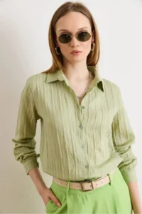 Olalook Women's Green Textured Contrast Striped Regular Fit Shirt - Image 4