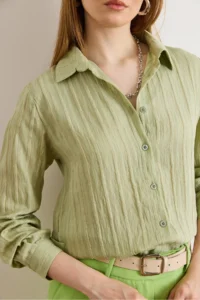 Olalook Women's Green Textured Contrast Striped Regular Fit Shirt - Image 5