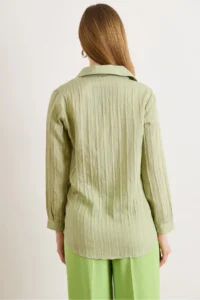 Olalook Women's Green Textured Contrast Striped Regular Fit Shirt - Image 6