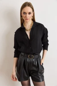 Olalook Women's Black Textured Lightly Transparent Loose Fit Shirt - Image 2