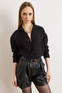 Olalook Women's Black Textured Lightly Transparent Loose Fit Shirt - Image 3