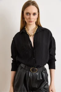 Olalook Women's Black Textured Lightly Transparent Loose Fit Shirt - Image 4