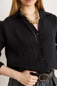 Olalook Women's Black Textured Lightly Transparent Loose Fit Shirt - Image 5