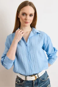 Olalook Women's Blue Textured Lightly Transparent Loose Fit Shirt