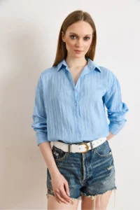 Olalook Women's Blue Textured Lightly Transparent Loose Fit Shirt - Image 2