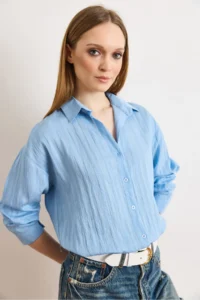 Olalook Women's Blue Textured Lightly Transparent Loose Fit Shirt - Image 3