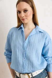 Olalook Women's Blue Textured Lightly Transparent Loose Fit Shirt - Image 4